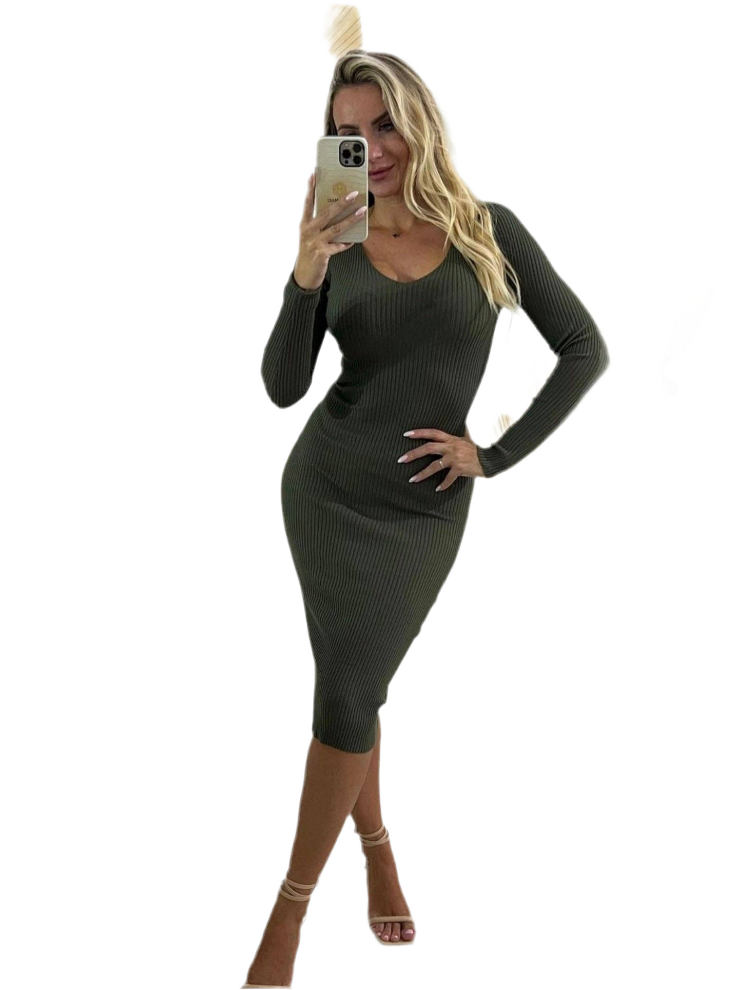 VESTIDO DE MALHA CANELADO COM GOLA EM V - Boémista Store