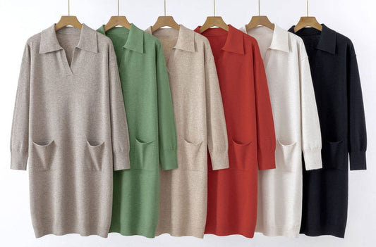 Boémista Store - VESTIDO DE MALHA MIDI COM GOLA E BOLSOS -  - #tag1# - #tag2#